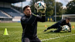 Two soccer goalkeepers practicing catching and diving on a grass field.