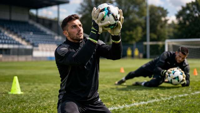 Two soccer goalkeepers practicing catching and diving on a grass field.