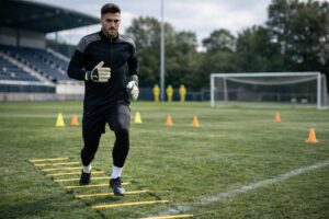 Goalkeeper warming up with ladder drills