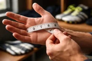 Close-up of goalkeeper measuring palm width with tape for glove sizing