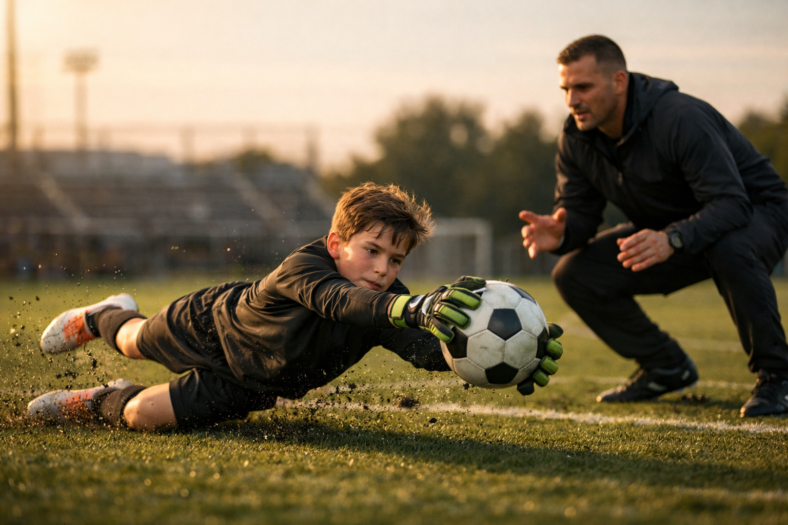 Youth goalkeeper diving for a save during golden hour training with coach on Connecticut
