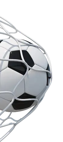 Close-up of a soccer ball caught in a net against a black background