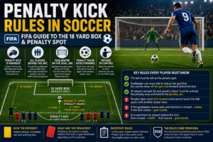 Penalty kick rules in soccer FIFA guide showing 18 yard box, penalty spot, goalkeeper on goal line and penalty taker kicking ball