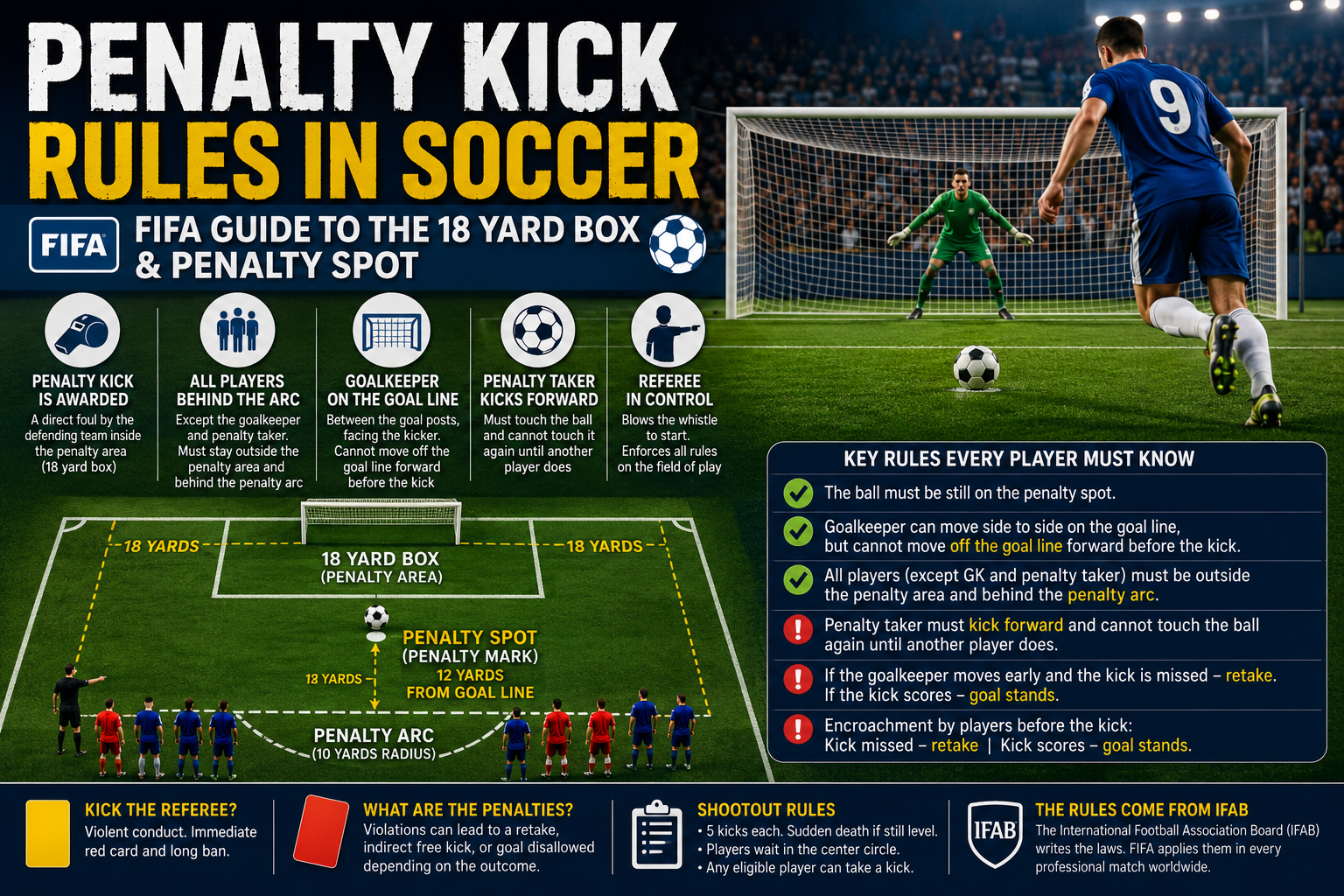 Penalty kick rules in soccer FIFA guide showing 18 yard box, penalty spot, goalkeeper on goal line and penalty taker kicking ball