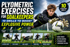 Plyometric exercises for goalkeepers showing diving save and explosive power drills for soccer goalkeepers