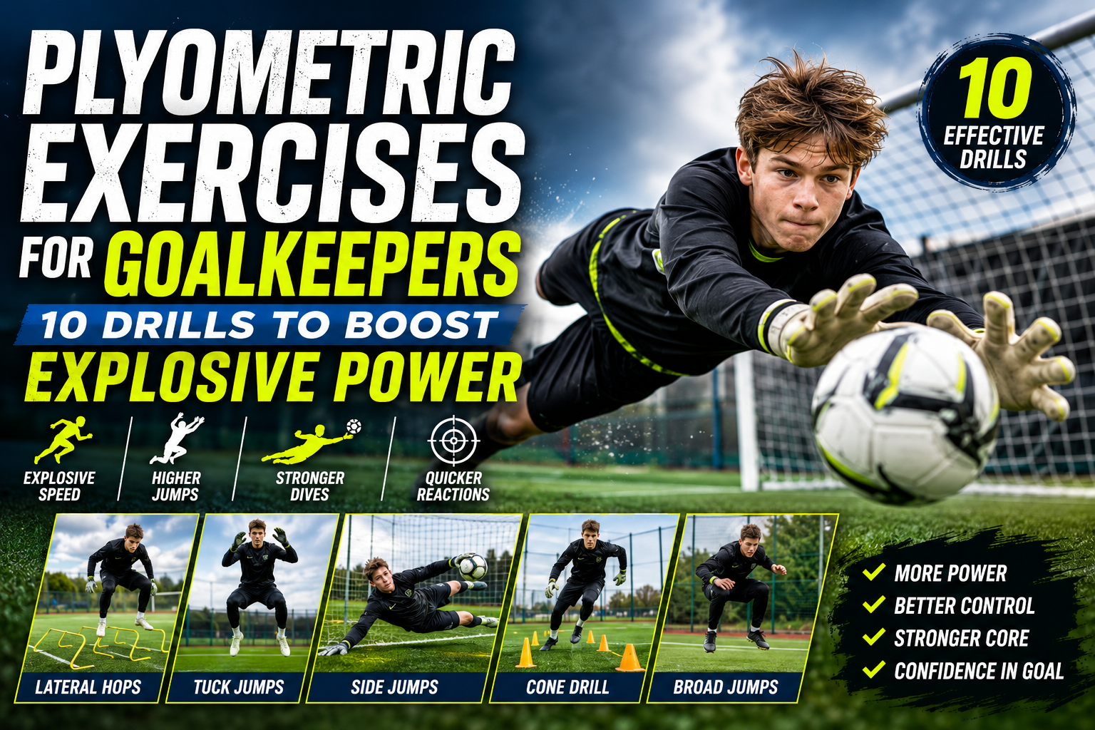 Plyometric exercises for goalkeepers showing diving save and explosive power drills for soccer goalkeepers