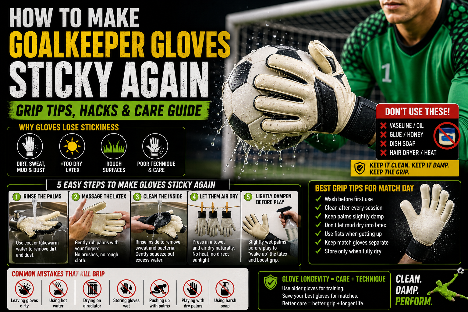 Goalkeeper gloves grip tips showing how to make gloves sticky again with cleaning and care steps
