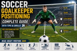 Soccer goalkeeper positioning guide showing keeper stance, angles, and tips for saves