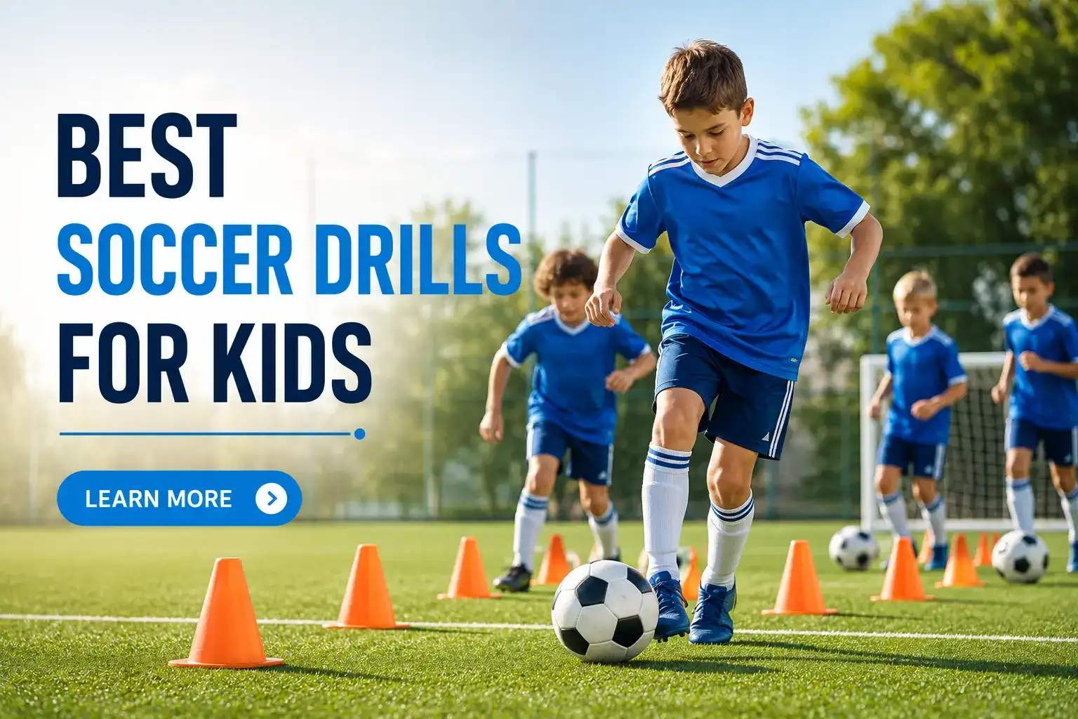 group of children practicing soccer drills on a field