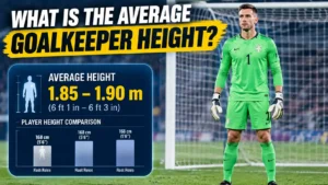 Tall soccer goalkeeper measuring height on field with goal net