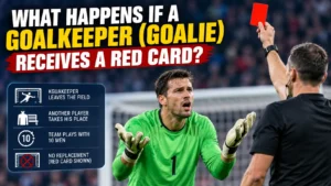 Referee shows red card to goalkeeper during soccer match