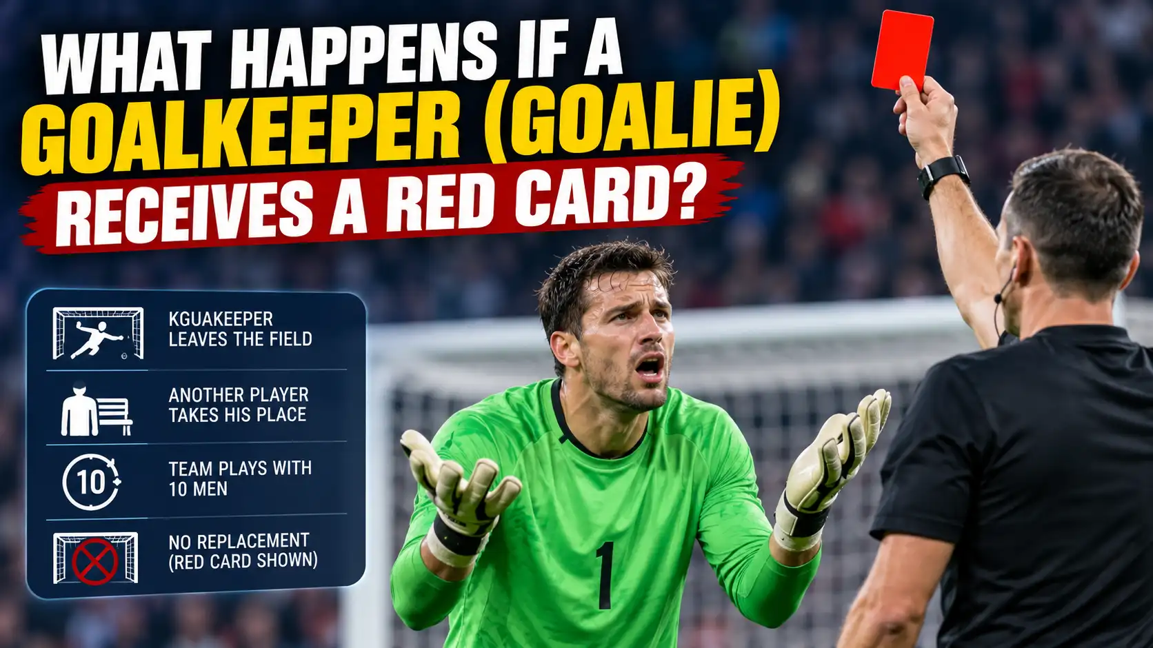 Referee shows red card to goalkeeper during soccer match