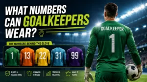 Goalkeeper jersey numbers displayed on soccer kits in a stadium