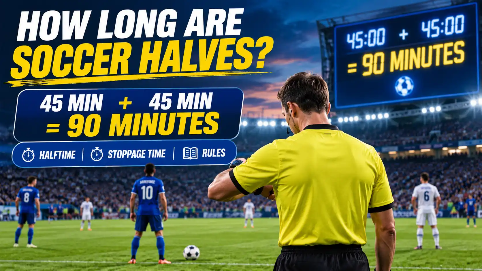 Soccer referee timing match with 45 minute halves and game rules