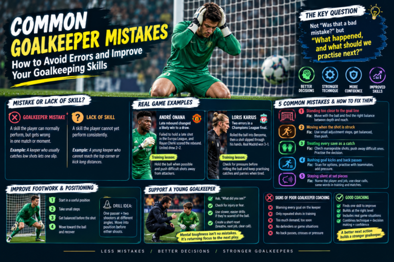 Goalkeeper learning to avoid common mistakes and improve goalkeeping skills