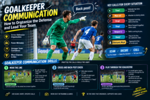 Goalkeeper directing defenders during a match to organize the defense and lead the team