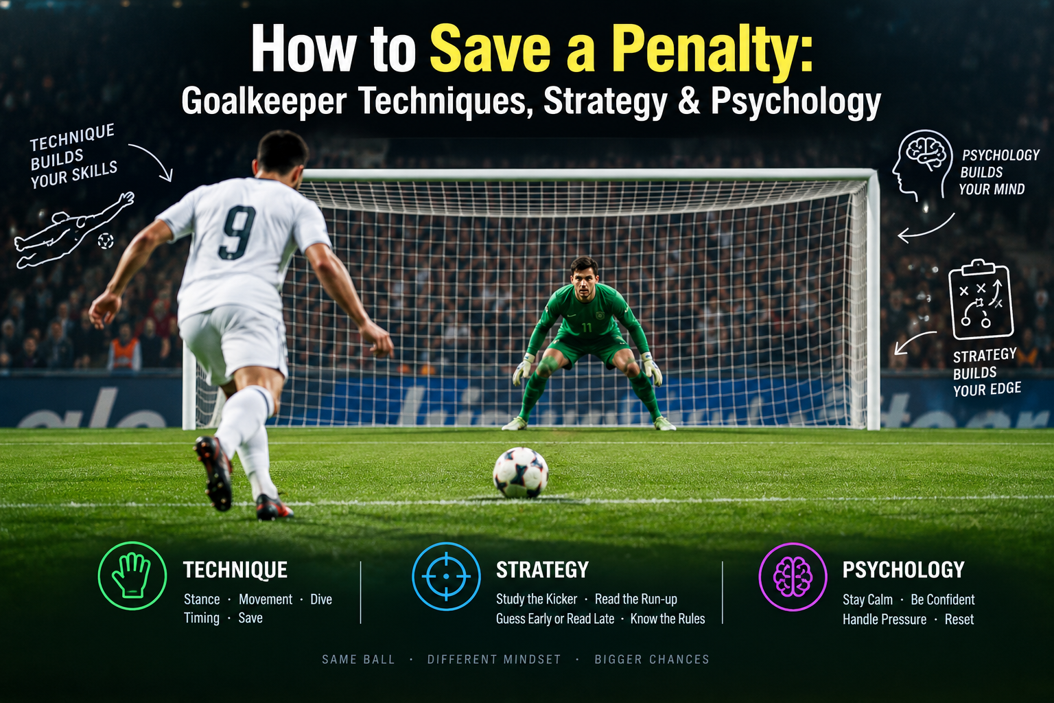 Goalkeeper preparing to save a penalty kick, illustrating goalkeeper technique, penalty strategy, and psychology.