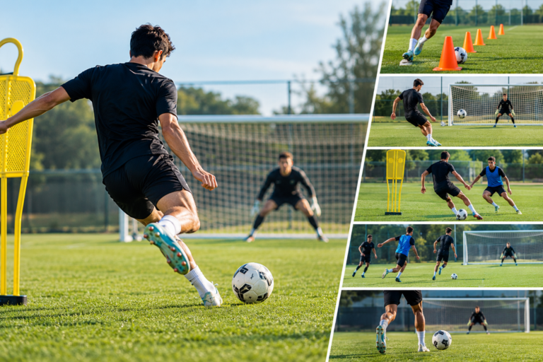 Soccer forward practicing finishing and attacking movement drills