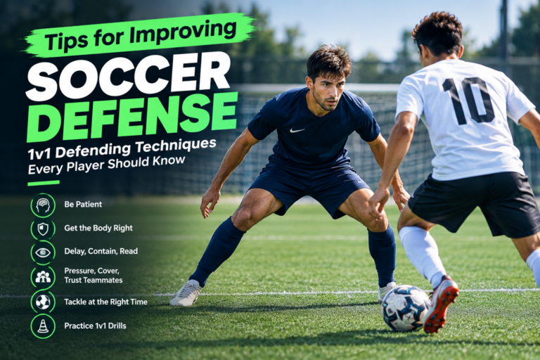 Soccer defender practicing 1v1 defending techniques against an attacker, demonstrating defensive positioning, patience, footwork, and tackling skills